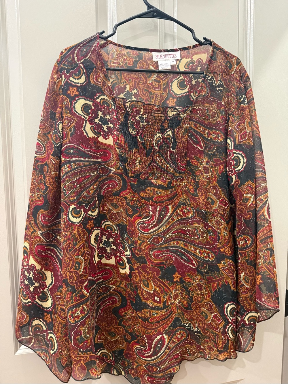 Silhouette Paisley Smocked Square-Neck Blouse - Rust, Black, Cream